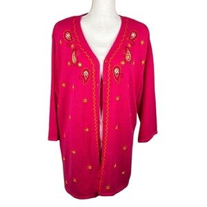 Graver Studio Pink Knit Embroidered Paisley‎ Open Button Down Cardigan Size 2X